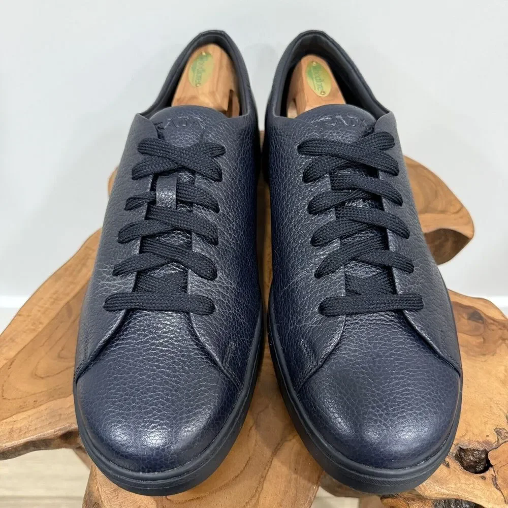 LUXURY PRADA SNEAKERS SHOES BLACK BUFFALO SKIN NAVY BLUE MEN'S 9.5 US 10.5 - Picture 2 of 14